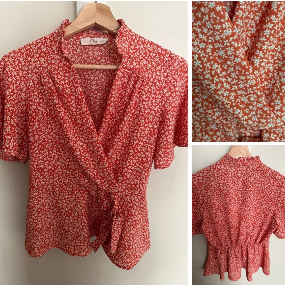 3/$25 Monteau Los Angeles Lg, Coral Floral Wrap Blouse with Faux Tie Waist